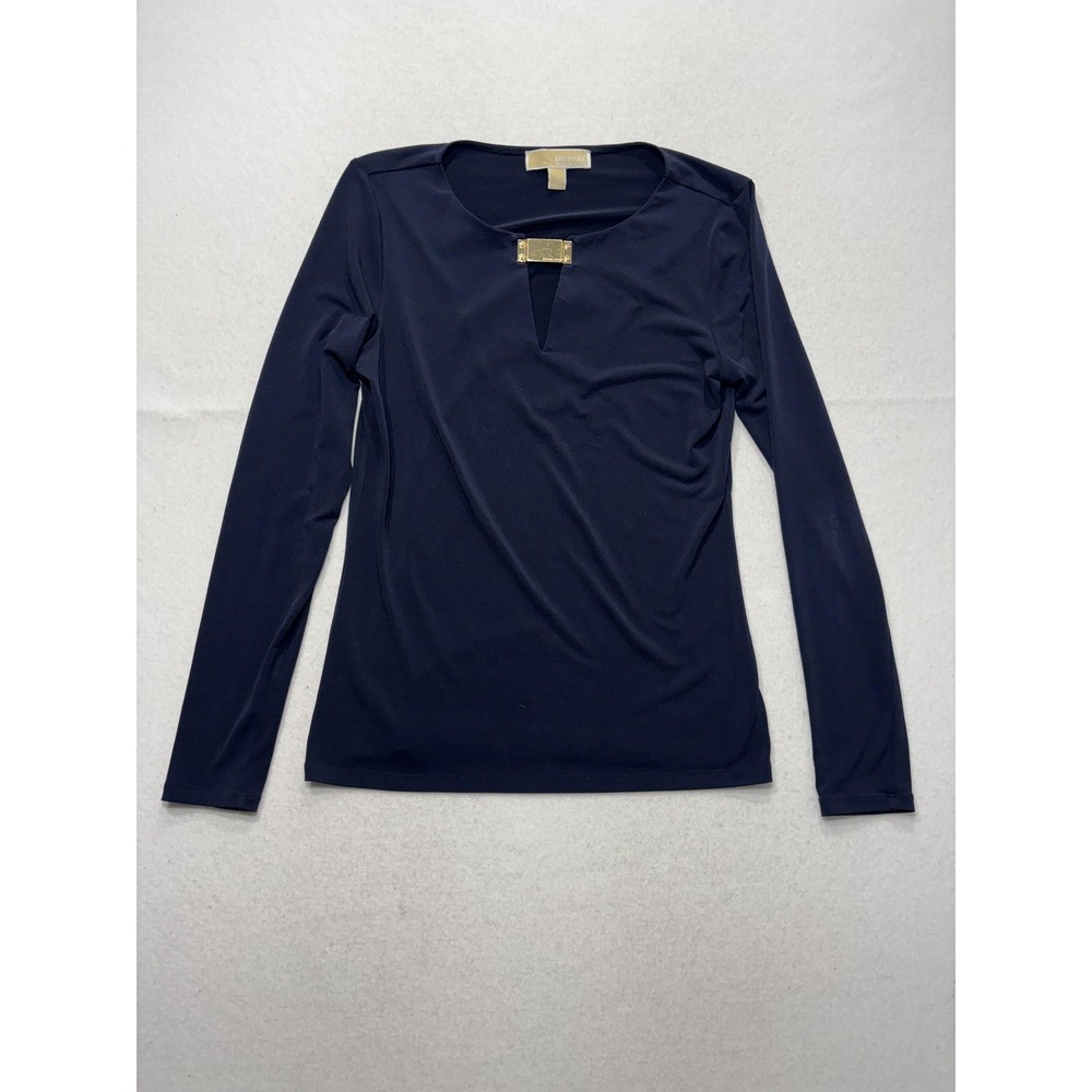 MICHAEL Michael Kors Blouse Womens Small Blue Round Neck Metal Bar Long Sleeve